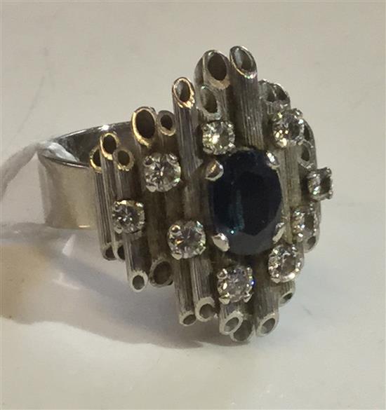 18ct white gold diamond & sapphire modernist ring